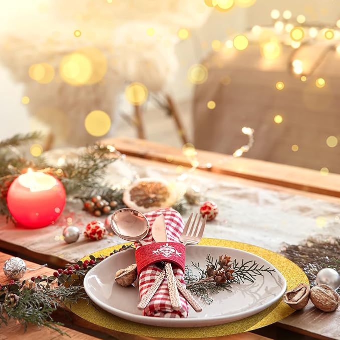 50 Pieces Gold Glitter Paper Place Mats Sparkle Round Disposable Table Mats Golden Sequin Doilies Decorative Placemats for Wedding Banquet Party Home Dining Tableware