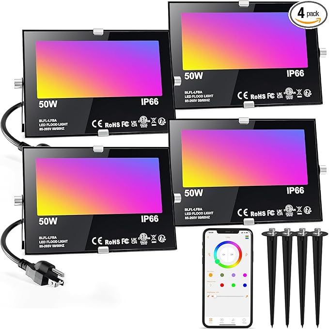 LED Flood Light Outdoor 500W Equivalent 5000LM,Bluetooth RGBW Colored Floodlight Landscape Lighting with APP Control,DIY Scenes,Timing, IP66 Waterproof,2700K,Color Changing Uplight with Ground Stakes