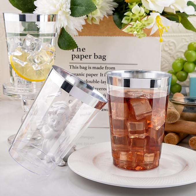 I00000 50 Pack 12 oz Silver Rimmed Disposable Cups, Heavy Duty Plastic Tumblers for Party