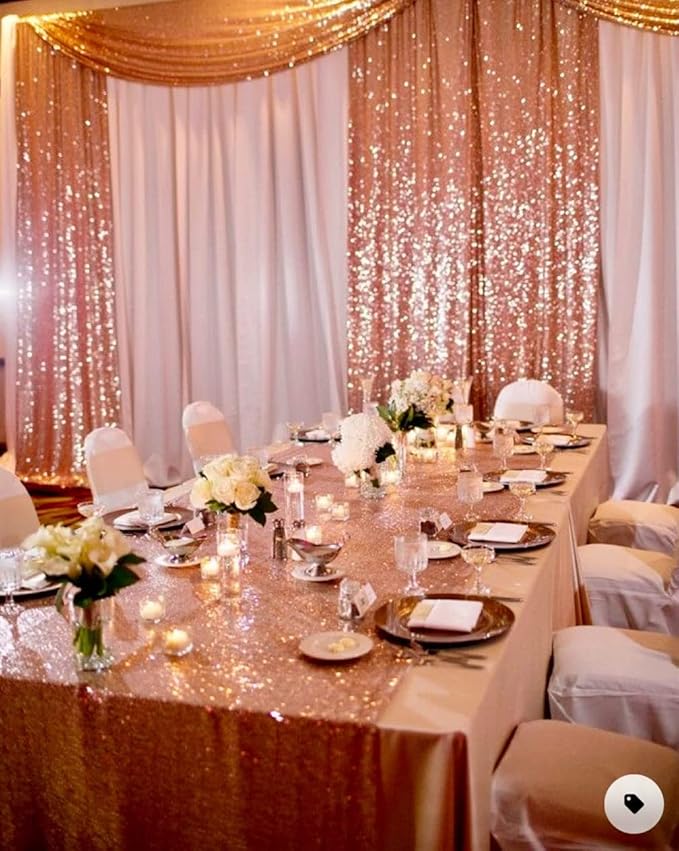 Poise3EHome 2Pcs 3Ft x 8Ft Rose Gold Sequin Backdrop Curtain, Glitter Photography Background, Sequence Xmas Thanksgiving Backdrop for Wedding Party Holiday Festival Decor