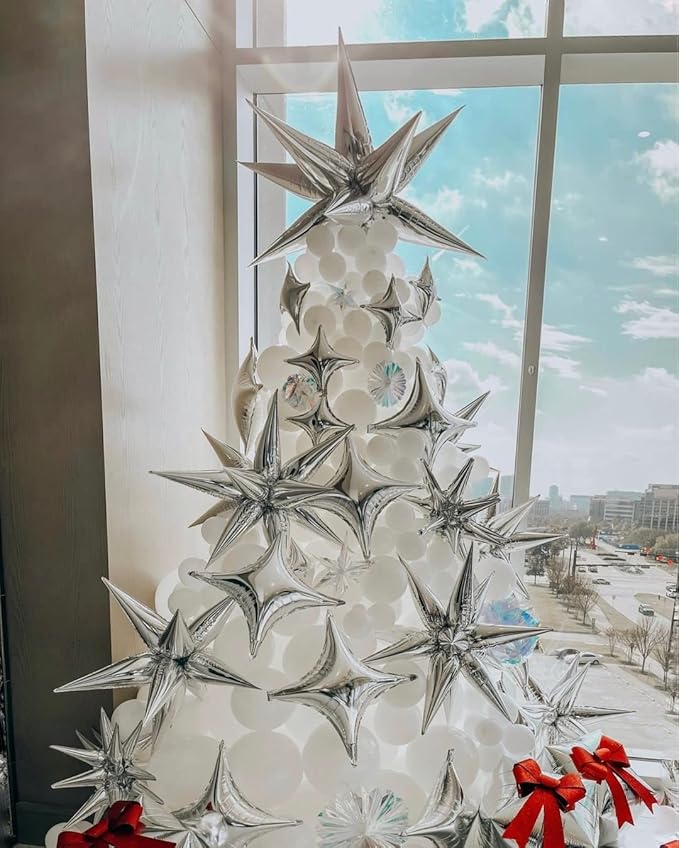 3pcs 26inch 3D Explosion Star foil balloon, Silver Foil Cone Star burst Balloons for Birthday Wedding New Year Party Event
