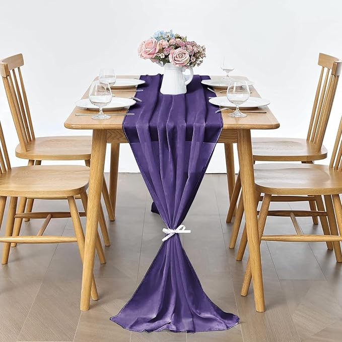 2 Pack 10Ft Chiffon Purple Table Runner Sheer 29x120 Inch for Romantic Wedding Decor Bridal & Baby Shower Birthday Rustic Party Decoration
