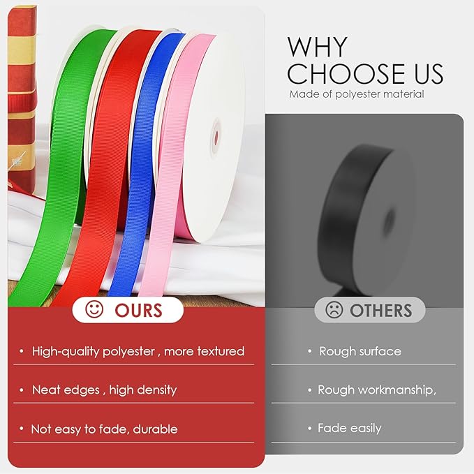 50 Yards 3/8 inch Grosgrain Ribbon, Solid Color Fabric Ribbon Perfect for Gift Wrapping, Wedding, Handmade Bows, Floral Bouquets and Party Decoration(red)