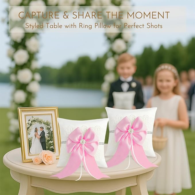 Wedding Ring Bearer Pillow: 8.2 x 8.2 Inch Ivory Satin Lace Cushion with Pink Pearl Bow for Ceremony Vows - Secure Ring Holder for Flower Boy or Girl (Pink – 2 Pack)