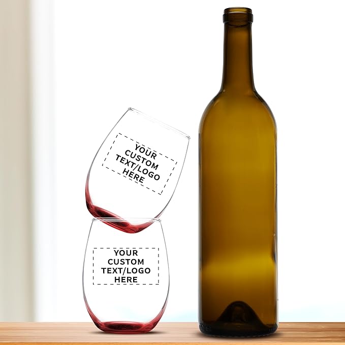 Custom Stemless Wine Glass 9 oz. Set of 50, Personalized Bulk Pack - Great for Wedding Favors, Bachelorette Party Decorations, Party Favors, Color Bottom - Red