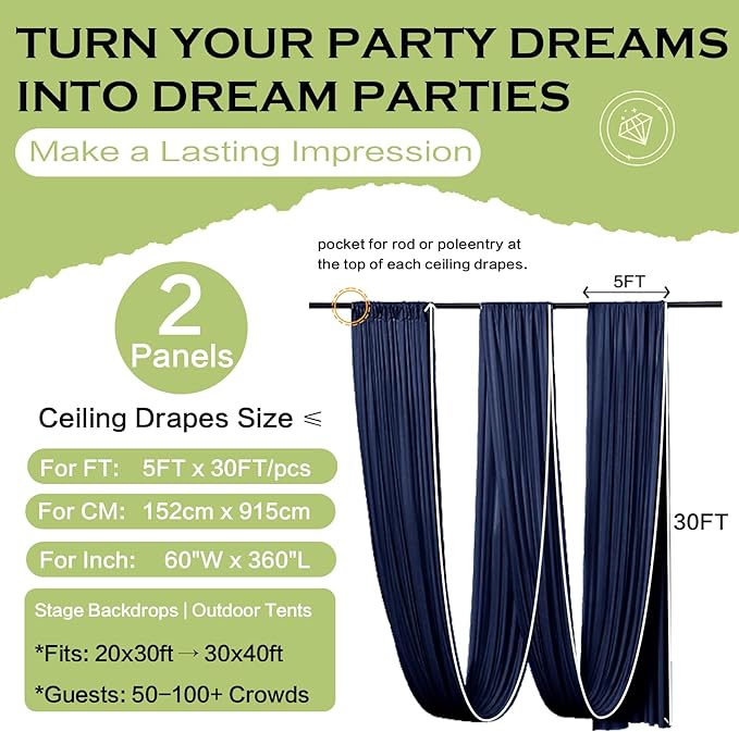PartyVillage 2 Panels 5ftx30ft Navy Blue Ceiling Drapes for Wedding Parties – 30 FT Extra Long Thick Polyester Wrinkle-Free Drapery Tent Decor Decorations for Birthday Party Ceremony Stage Swag