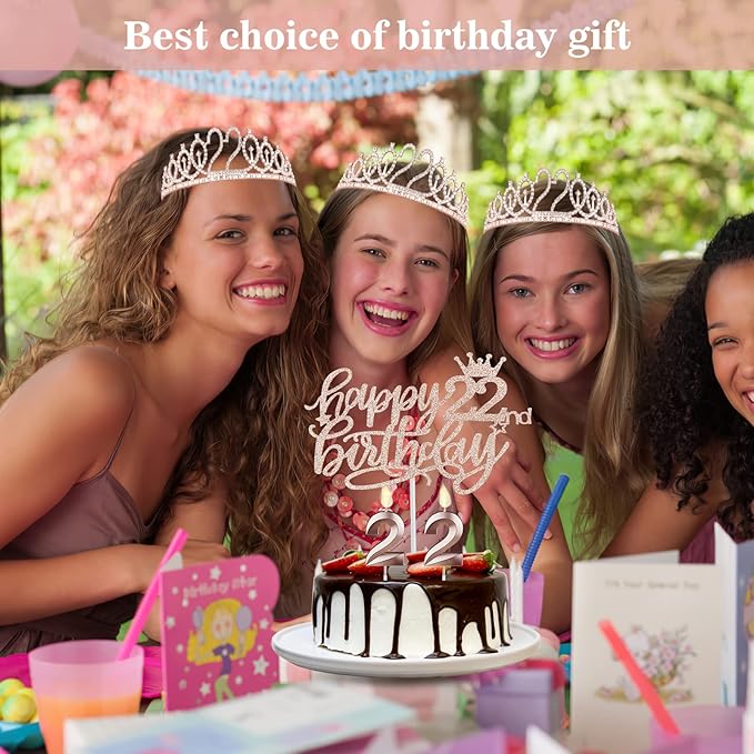 22 Birthday Decorations for Women Including Sash and Tiara, Cake Topper and Candles, 22nd Birthday Gifts for Women, Rose Gold Party Decor Supplies