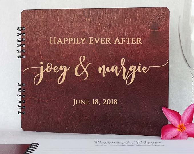 Wooden Wedding Guest Book Personalized (11"x8.5", Mahogany Stain) Wood for Bride and Groom Vintage Alternative Anniversary Bridal Party Guest Album Photo Booth Guestbook Made in USA