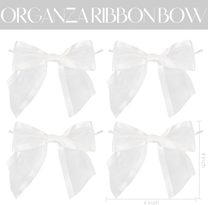 AIMUDI White Bows for Wedding Decor 4" Premade White Christmas Tree Bows Pre Tied White Bows for Crafts Small White Gift Bows Organza Fabric Bows for Treat Bags, Gift Wrapping, Baby Shower -12 Counts