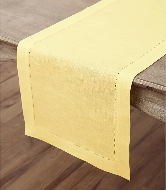 Solino Home Linen Yellow Table Runner 36 Inches - Classic Hemstitch, 100% Pure Linen Coffee Table Runner 14 x 36 Inch Ideal for Dresser Tables