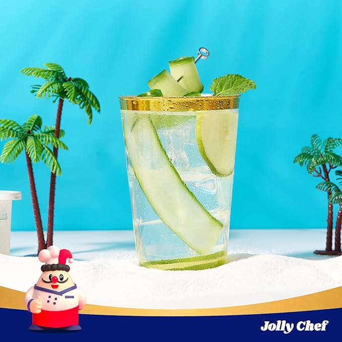 JOLLY CHEF 200 Pack 12 oz Gold Plastic Cups Elegant Gold Rimmed Disposable Cups Heavy-Duty Party Cups for Wedding & Party