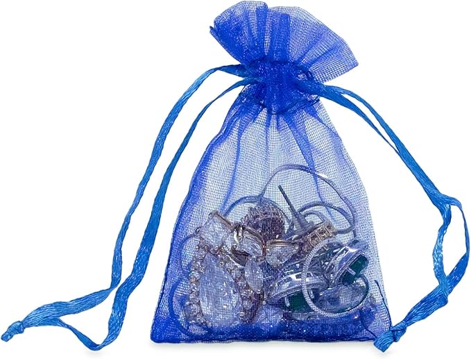 TheDisplayGuys 48-Pack 2" x 2-3/4" Royal Blue Sheer Organza Gift Bags with Drawstring, Goodie Bags for Jewelry, Candy Bags, Treat Bags, Wedding Favors Small Mesh Bags