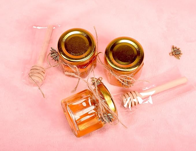 Adabocute Honey Pot, Mini Honey Jars with Dipper, Glass Honey Jars Baby Shower Favors, Party Favors & Wedding Favors, Gold Lid, Bee Pendants, Gold Organza Bags, 20 Pack 1.5oz