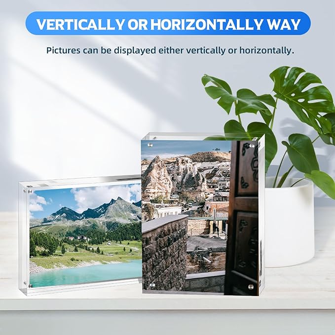 6 PACK Clear Acrylic Picture Frames 5x7 inch Vertical or Horizontal Stand-Up Desktop Table Top Acrylic Photo Blocks Frame Set with Heavy Magnetic Double-Sided Clarity - Ideal for Wedding,