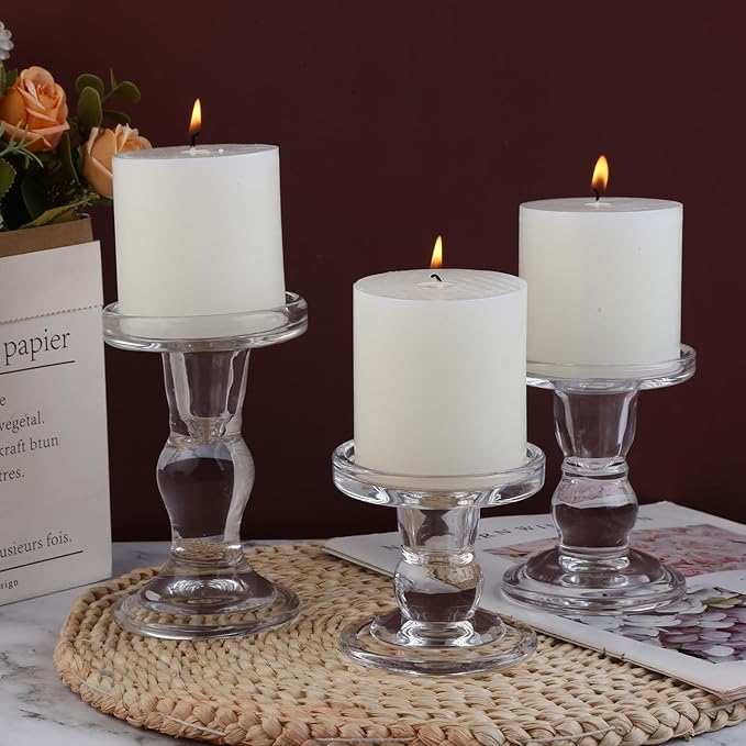 3-Piece Set of Glass Candlestick, Crystal Candlestick Holder Holder and Conical Candle, Christmas Candle Holder Decoration, Family Living Room Wedding Candle Holder (Clear)