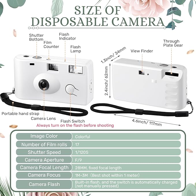 Treela 2 Pcs White Disposable Camera for Wedding Flash Film Camera 35mm 200ISO 17 Film Single Use Camera for Bridesmaid Birthday Anniversary Party Gift