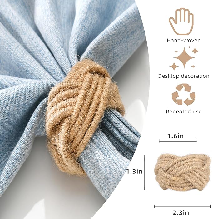 Woven Napkin Rings Set of 12, Farmhouse Burlap Cotton Yute Napkin Rings for Holiday Dinner Birthday Wedding Thanksgiving Christmas Banquet Party Decoration of Table Setting Decor(Yute 12)