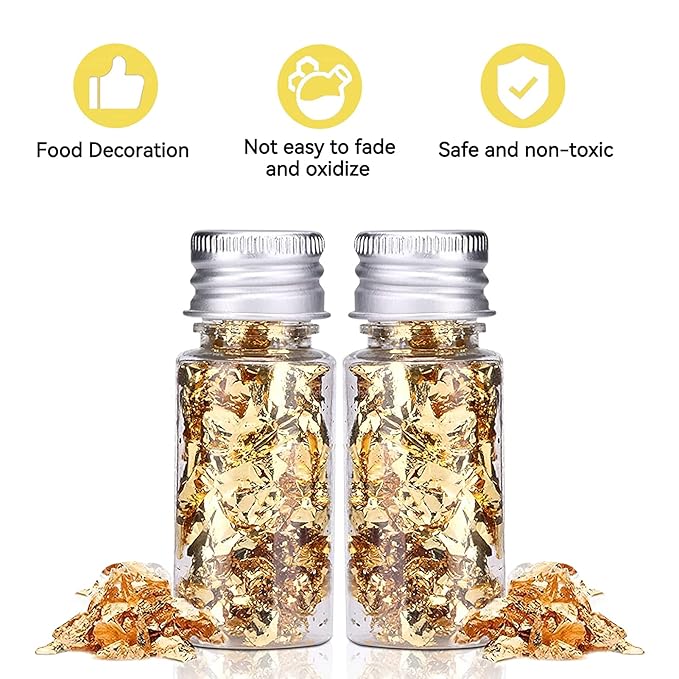 Serlium Edible Gold Leaf, Gold Leaf Cake Decoration Gold Flakes Food Gold Foil Decoration Baking Gold Foil Decor Chocolates Decor Gold Leaf Sheets for Cooking Dessert Decoration Crafts Makeup (2Pcs)