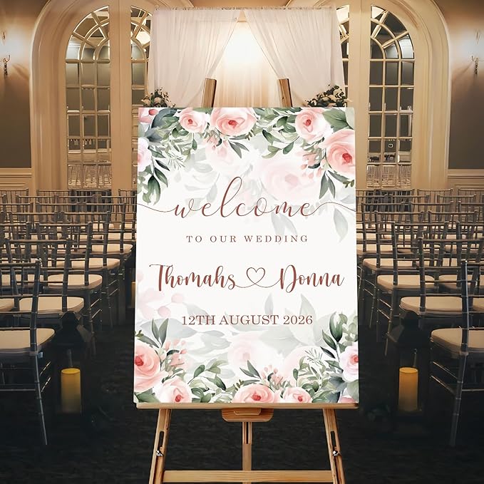 Blush Pink Rose Wedding Welcome Sign, Editable Floral Template, Gentle Modern Printable Sign for Ceremony or Reception