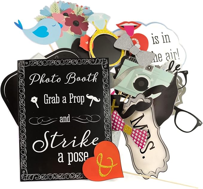 Wedding Photo Booth Props with 8 x 10-Inch Sign, 45 Adhesive Pads, 35 Wooden Sticks - Signs for Wedding Backdrop and Selfie Station
