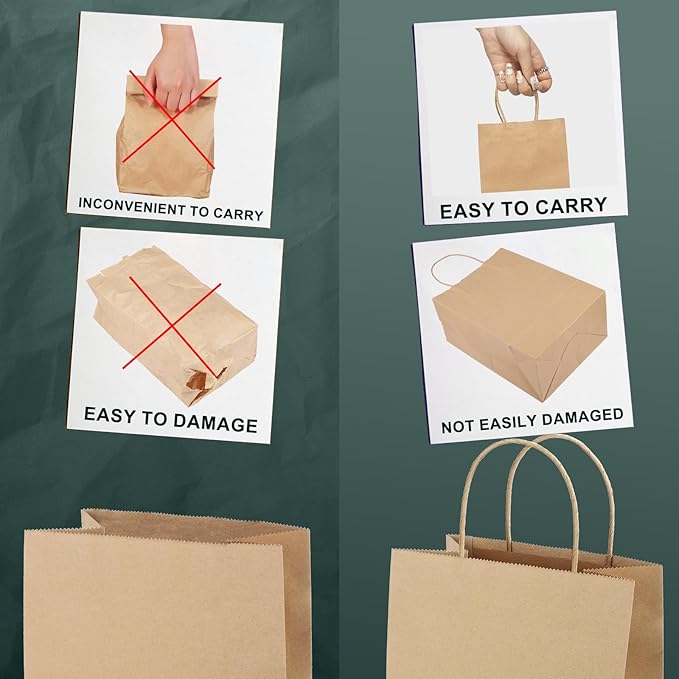 METRONIC Brown Paper Bags with Handles Bulk 5.25x3.75x8'' 100 Pcs Kraft Gift Bags for Small Business, Birthday, Wedding, Party Favors, Christmas, Retail Shopping, Made in USA