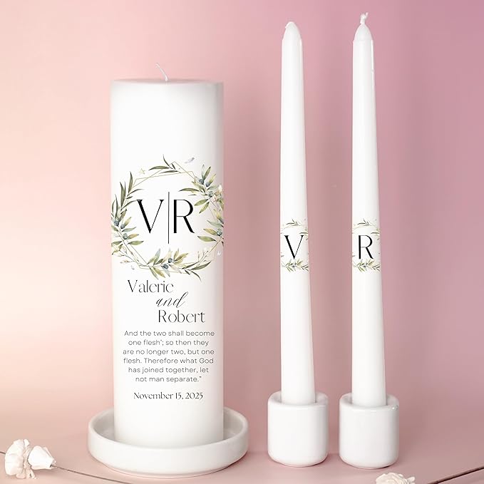Unity Candles for Wedding, Modern Unity Set, Custom and Personalized Pillar and Taper Candles with Bible Quote, Unscented White Premium Wax, Religious and Wedding Ceremony, Special Events (Garden)