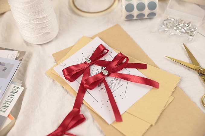Scarlet Red Satin Ribbon 3/8 inch X Continuous 50 Yards, Single Face Polyester Ribbon Perfect for Gift Wrapping, Flower Bouquet, Wedding Decor, Crafts, Bow Making, Sewing and More