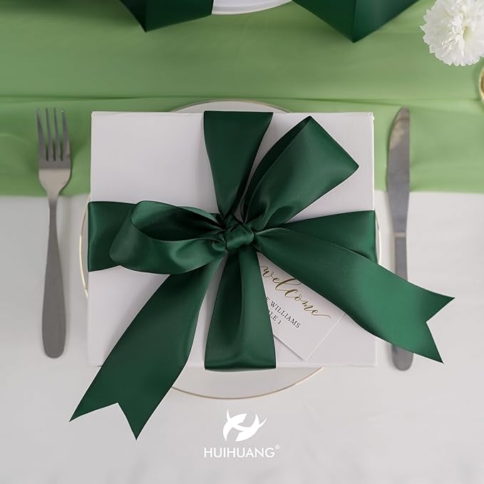 HUIHUANG 1-1/2 inch Hunter Green Ribbon Double-Faced Satin Ribbon 50 Yards Dark Green Ribbon for Crafts, Gift Wrapping, Flower Bouquet Wrap, Invitations, Holiday Decor, Bows Making