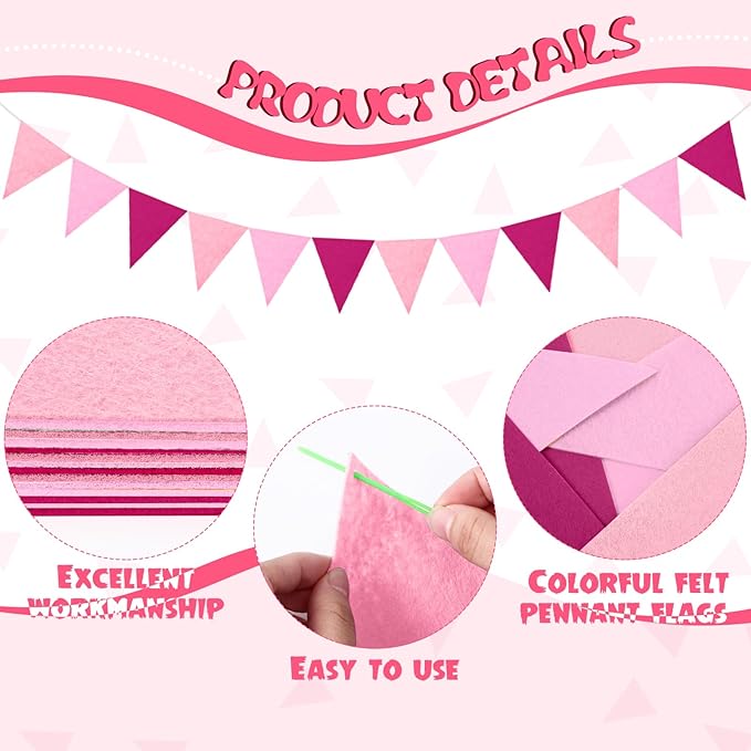 Irenare 9.8 ft Pom Pom Garland Felt Colorful Tassel Banner Christmas Party Pompoms Garland Decorations Felt Pennant Banner for Classroom Home Mantel Fireplace Birthday(Pink)