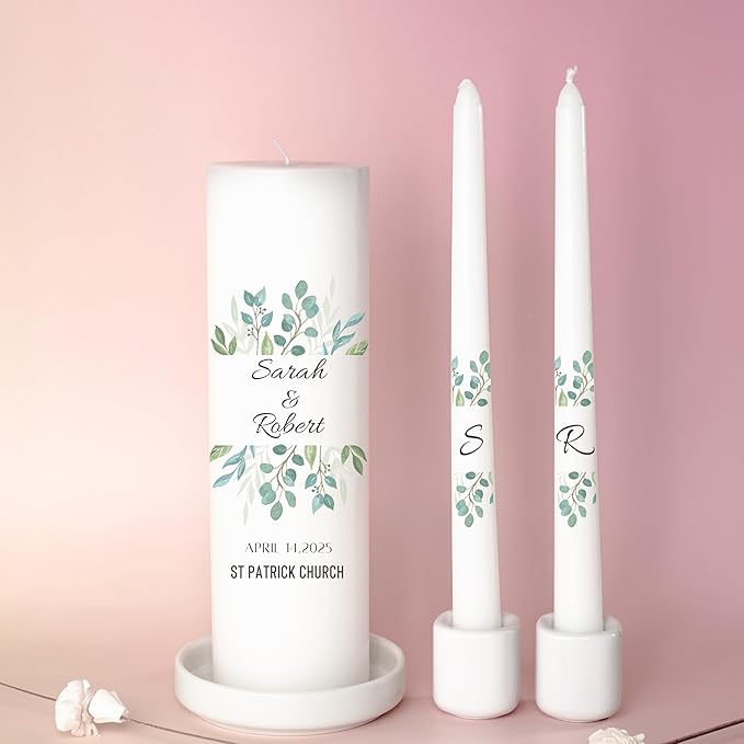Unity Candles for Wedding, Modern Unity Set, Custom and Personalized Pillar and Taper Candles, Unscented White Premium Wax, Religious and Wedding Ceremony, Special Events (Olive)