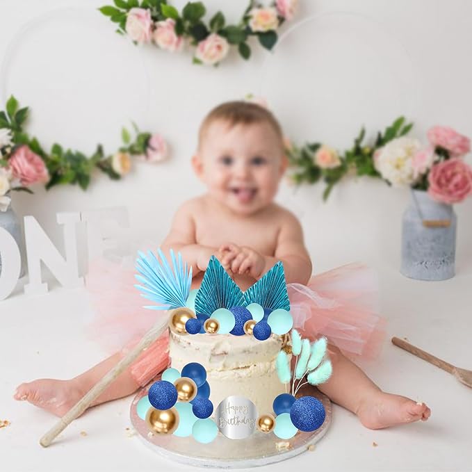 Ephlyn 33 Pack Balls Cake Toppers Boho Palm Leaves Cake Decorations Round Acrylic Happy Birthday Cupcake Toppers for Birthday Wedding Baby Shower Party Supplies Blue