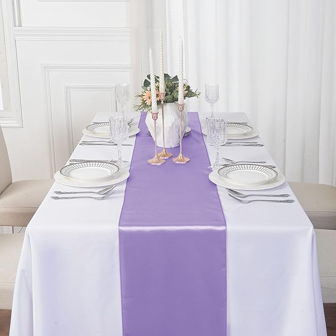 24Pack Table Runner 12 x 108 Inches Satin Silk Table Runner for Wedding, Birthday Party, Banquets, Graduations Decoration, fit Rectange and Round Table-Lavender