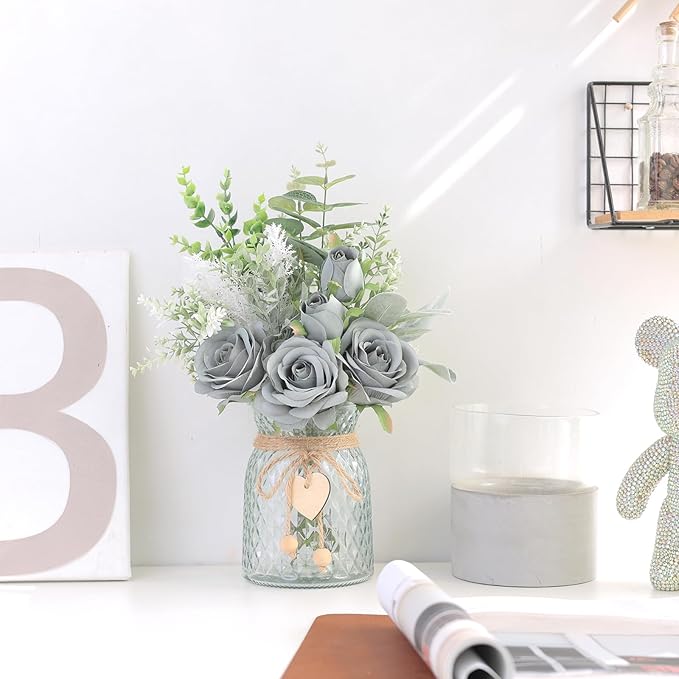Faux Flowers with Vase,Artificial Silk Roses in Vase, Fake Plant Eucalyptus Flower Arrangement for Home Office Farmhouse Bathroom Dining Table Centerpiece Decorations Coffee Table Decor (Grey Blue)