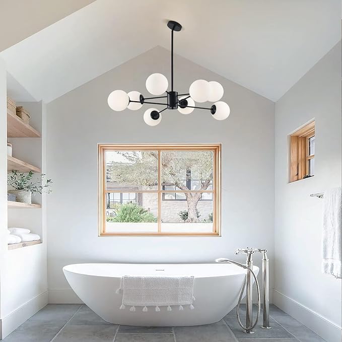 KCO Lighting Black Sputnik Chandelier Ceiling Mount 8-Light Glass Globe Sputnik Chandelier Mid Century Modern Chandelier Light Fixture Kitchen Island Sputnik (Black+White)