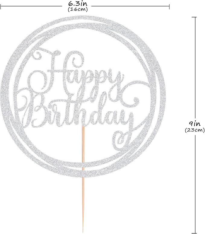Happy Birthday Cake Topper - Silver Glitter Happy Birthday Cake Decoration Supplies for Children or Adults - Happy Birthday Cake Bunting Decor, Photo Booth Props