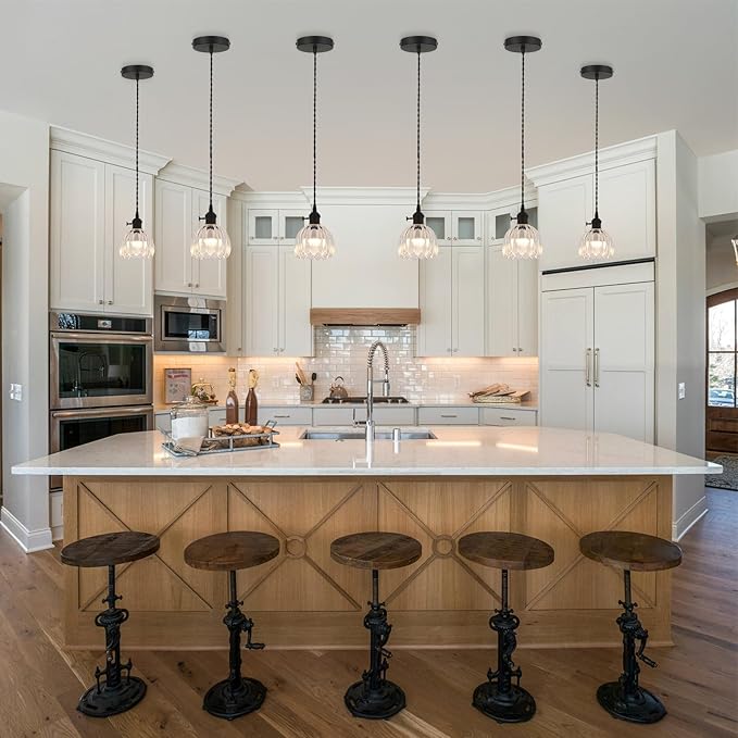 Vintage Black Rechargeable Pendant Light with 70 Inch Cord and Exquisite Tulip Clear Glass Shade for Kitchen Island, Living Room & Dining Room, Ideal Hanging Light for Multiple Spaces