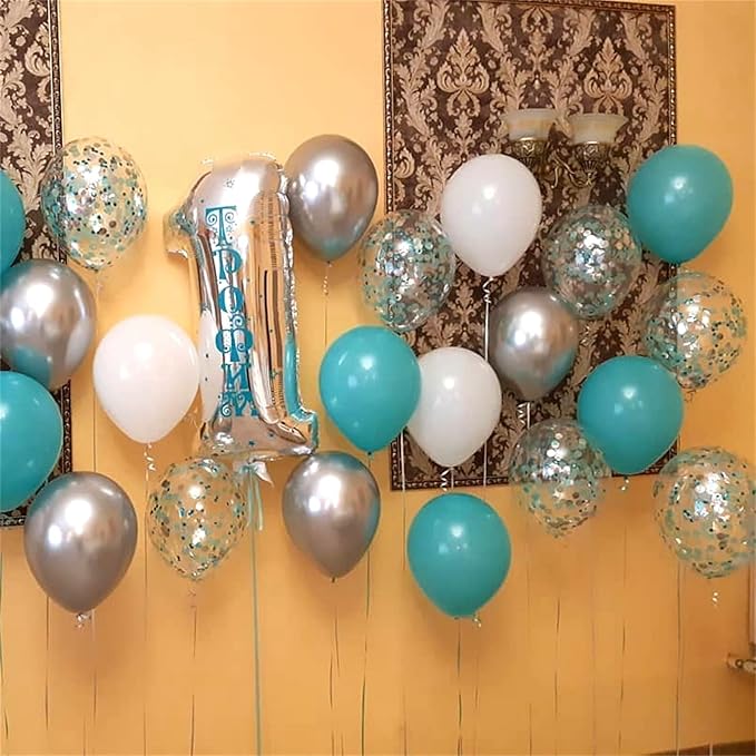 Teal Blue Silver Balloons, 35Pcs Turquoise Light Blue Mint Green Silver White Confetti Latex Balloons Set, Aqua Blue White Silver for Boys Christening Birthday Baby Shower Wedding Party Decorations