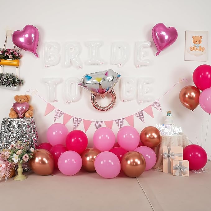Pink White Bachelorette Party Decorations, White Bride To Be Bridal Shower Balloons Decorations, Hot Pink Rose Gold Balloons with Diamond Ring Cream Heart Balloons for Bachelorette Engagement Wedding