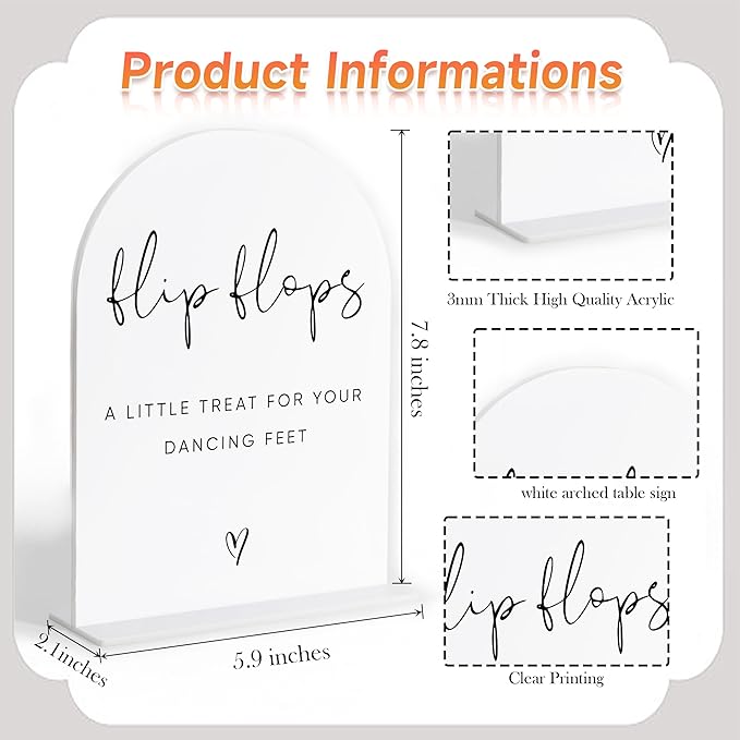Wedding Flip Flops for Guests Sign, White Arch Acrylic Sign, Wedding Dance Floor Props, Bridal Shower Decor, Engagement Party Decor, Centerpiece Table Decorations Party for Bride and Groom-17