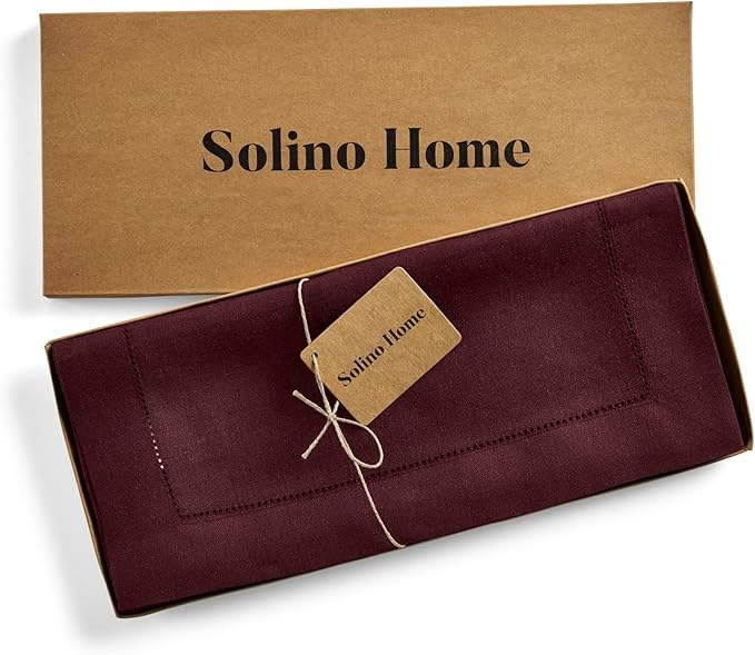 Solino Home Linen Table Runner 48 Inches - 100% Pure Linen Burgundy Hemstitch Table Runner 14 x 48 Inch Ideal for Dresser and Coffee Tables - Fall, Autumn, Thanksgiving, Holiday - Classic Hemstitch
