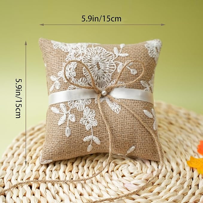 QIRMIZI Vintage Rustic Burlap Ring Bearer Pillow - Elegant Fall Wedding Décor with Lace, Bow, and Embroidered Flower Ribbon