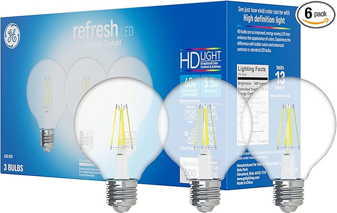 GE Refresh LED Light Bulbs, 60 Watt, Daylight, G25 Globe Bulbs, Clear, Medium Base 3 Count, (6 Pack)
