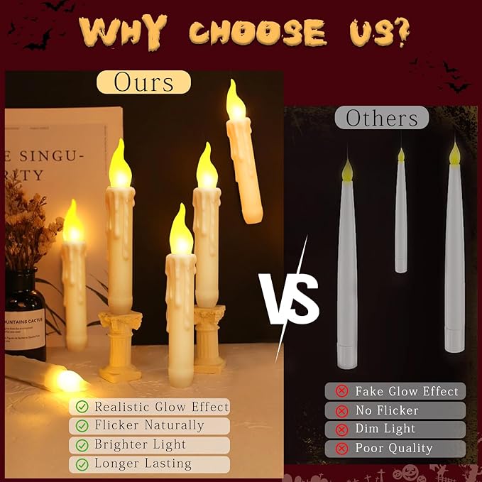 Floating Candles with Wand Remote, Magic Floating Halloween Candles, Flameless LED Flickering Witch Decor Hanging Candles for Halloween Christmas Birthday Party Room Ceiling Decorations, Pack of 12