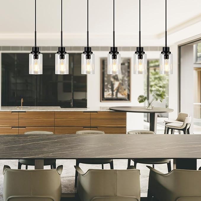 6 Lights Island Lights for Kitchen Modern Industrial Black Linear Chandeliers with Clear Glass Shade for Dining Room Kitchen Long Finish Ceiling Lighting Fixtures