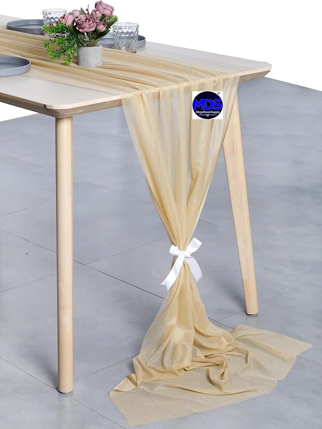 MDS 15 Pack 10ft Chiffon Table Runner 29 x 120 Inches Sheer Wedding Runner Romantic Rustic Table Runner for Wedding Decorations, Birthday Parties, Bridal Shower Party Arch Decor - Champagne Gold