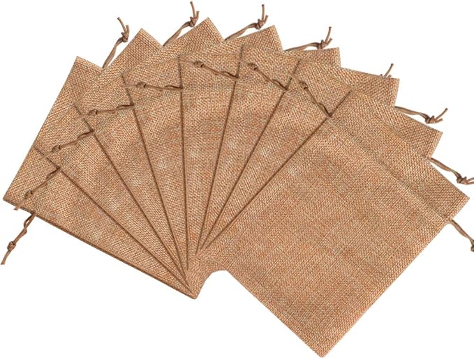 Lucky Monet 25/50/100PCS Burlap Gift Bags Wedding Hessian Jute Bags Linen Jewelry Pouches with Drawstring for Birthday, Party, Wedding Favors, Present, Art and DIY Craft (100Pcs, Coffee, 7” x 9”)