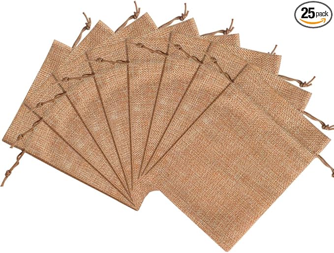 Lucky Monet 25/50/100PCS Burlap Gift Bags Wedding Hessian Jute Bags Linen Jewelry Pouches with Drawstring for Birthday, Party, Wedding Favors, Present, Art and DIY Craft (25Pcs, Coffee, 7” x 9”)