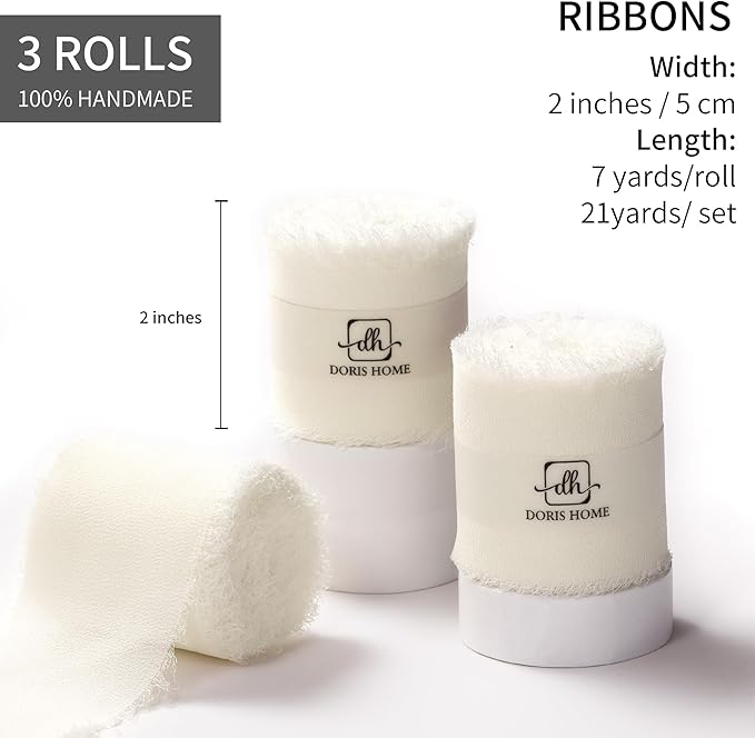 DORIS HOME Cream White Chiffon Ribbon for Flower Bouquet, 2" x21Yd Fabric Ribbon for Gift Wrapping, Handmade Frayed Ribbon for Wedding/Christmas Decorations