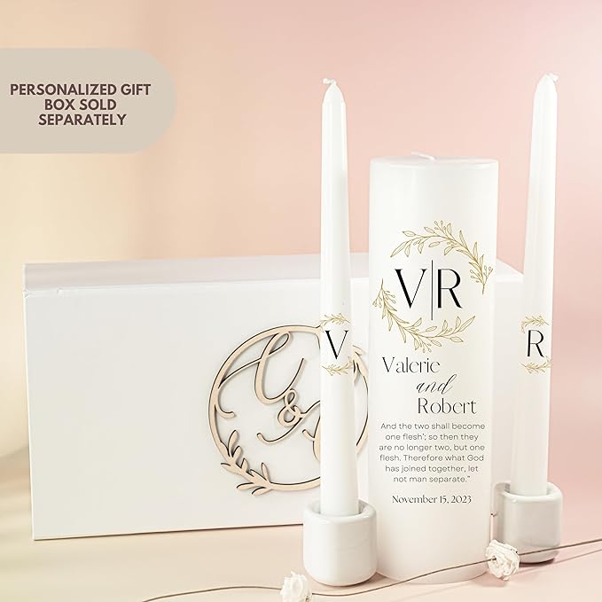 Unity Candles for Wedding, Modern Unity Set, Custom and Personalized Pillar and Taper Candles with Bible Quote, Unscented White Premium Wax, Religious and Wedding Ceremony, Special Events (Laurel)