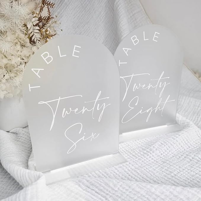 JINMURY Frosted Arch Wedding Table Numbers 1-20 with Stands, 5x7 Inch Frosted Arch Acrylic Sign with White Letters, Arched Acrylic Table Numbers for Wedding Reception